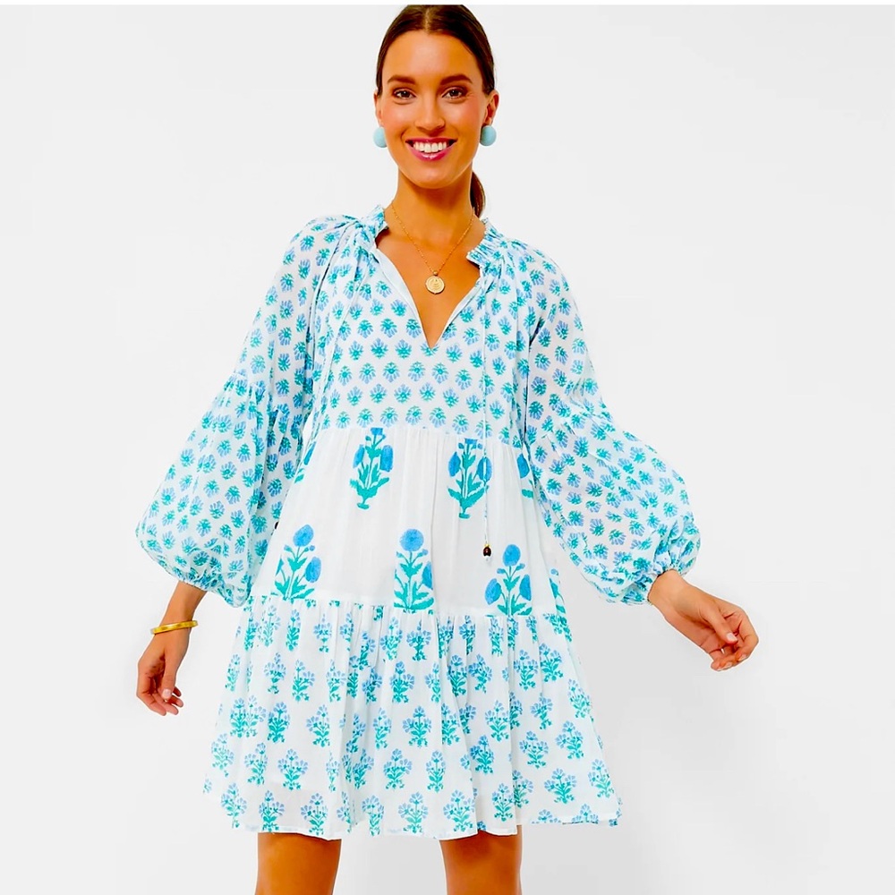 OLIPHANT Exclusive Blue Floral Balloon Sleeve Short Mini Dress